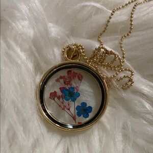 Gold Pendant Necklace with dried flowers